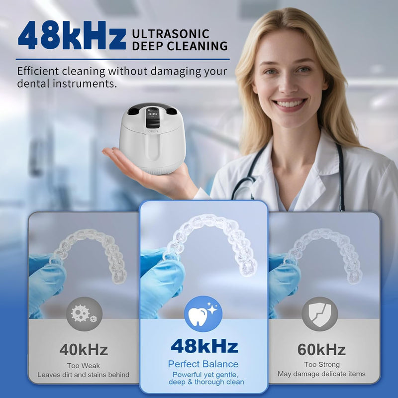 Ultrasonic Retainer Cleaner Machine 48kHz, Cordless Dental Cleaning Pod, Ultrasonic Retainer Cleaner for Aligners, Dentures, Mouth Guards, Toothbrush Heads and Jewelry with 200ML Capacity, LAB Supply White - BeesActive Australia