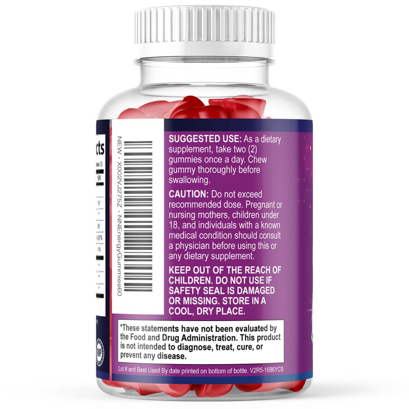 Energy Gummies - Vitamin B12 1000 mcg Per Serving - Daily Energy Chews with Natural Caffeine from Green Tea, Berry Flavored B12 Gummy Exercise Supplement for Running Cycling & Sports - 60 Gummies 60 Count (Pack of 1)