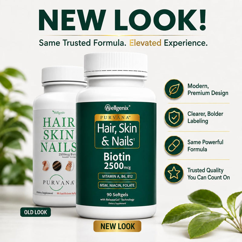 Wellgenix Purvana Hair Skin and Nails Supplement – 2500mcg Biotin Softgels with MSM & B-Complex – Daily Beauty Support for Stronger Nails & Hair Vitality – 90 Softgels | MSM, alpha lipoic acid & grape seed softgels for thicker-looking hair, stronger-lo...