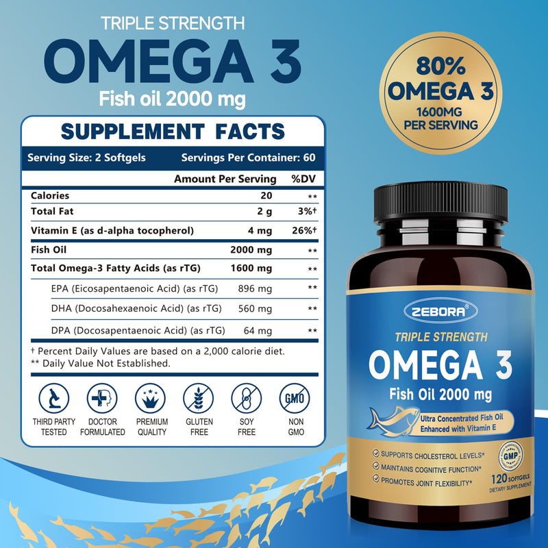 ZEBORA Triple Strength Omega-3 Fish Oil 2000mg with Vitamin E, 120 Softgels | Ultra High Potency EPA, DHA, and DPA Fatty Acids, Supports Brain, Eye, Skin, and Immune Health, Non-GMO Formula 120 Count (Pack of 1)
