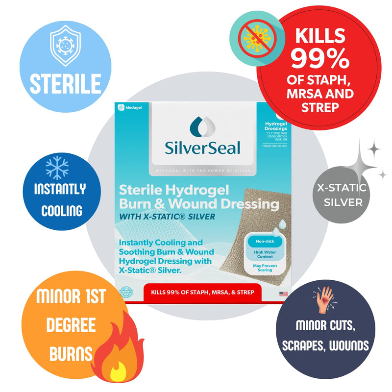 SilverSeal Burn and Wound Dressing, Hydrogel Pads with X-Static Silver, Soothing, Moist & Protective for Burns, Cuts & Wounds, 2" x 3" Sterile Dressings, 6 Count 2"x3" Patch (6 Count) - BeesActive Australia