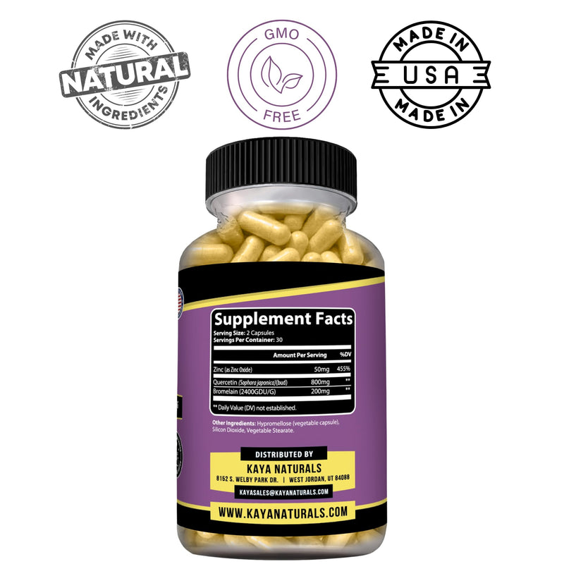 Kaya Naturals Quercetin with Bromelain & Zinc, 1,050 mg, 60 Capsules | Quercetin 800 mg - Bromelain 200 mg - Zinc 50 mg, Seasonal Wellness & Immune Support, Non-GMO, Gluten & Dairy Free