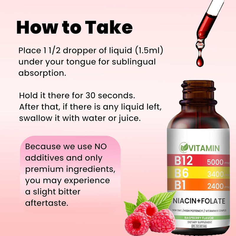 Vitamin B12 and B6 Liquid Drops, Raspberry | B12 Vitamin 5000mcg - B12 Methylcobalamin for Energy, Brain, and Heart Support with, 80 Servings