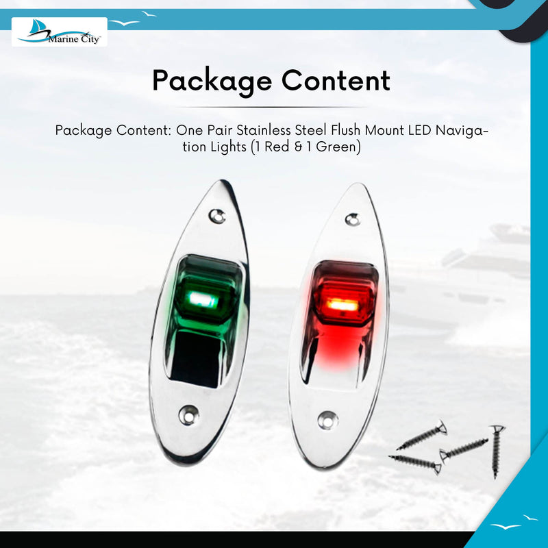 MARINE CITY 12V Flush Mount LED Navigation Lights - Red & Green, Stainless Steel, Waterproof for Boats, Yachts (Pack of 2)