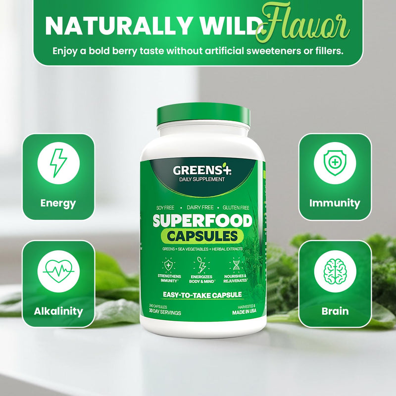 Greens+ Organic Superfood Capsules, Naturals Dietary Supplement | 240 Count | Organic Spirulina and Chlorella, with Alfalfa & Wheat Grass, Vitamins & Minerals Supplements, Gluten-Free, Vegan, Non-GMO