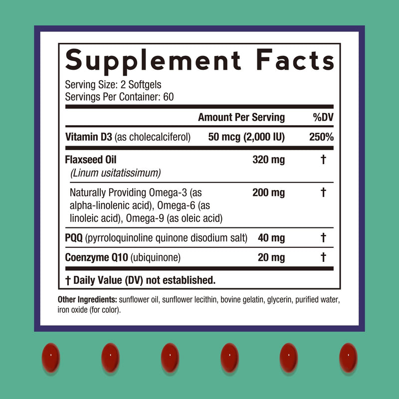 Doctor's Recipes PQQ Supplement 40 mg with CoQ10, Omega 3-6-9 Essential Fatty Acids, Highly Purified and Bioavailable, Brain Energy Heart Health, Pyrroloquinoline Quinone Disodium Salt, 120 Softgels