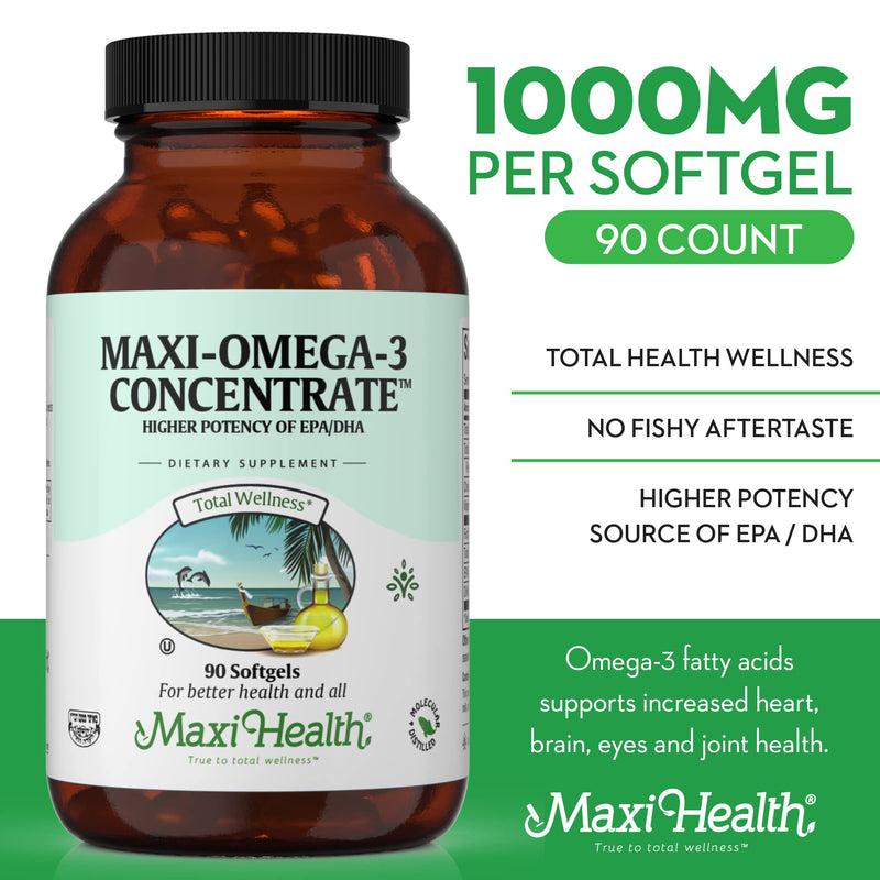 Maxi Health® Omega 3 Fish Oil Supplement 2000mg, EPA & DHA (90 Softgels) | Kosher | 680mg EPA + 460mg DHA per Serving | Wild Tuna Fish · Third-Party Tested · Gluten-Free | Heart, Brain & Joint Support 90 Count (Pack of 1)