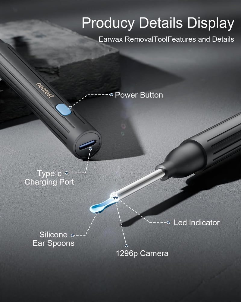NEATEST Ear Wax Removal Tool with Camera - Ear Cleaner with 1296P HD Otoscope 6 LED Lights 8 Different Earwax Removal Kit Wireless Visual Ear Cleaning Tool for iPhone & Android Phones Jet Black - BeesActive Australia