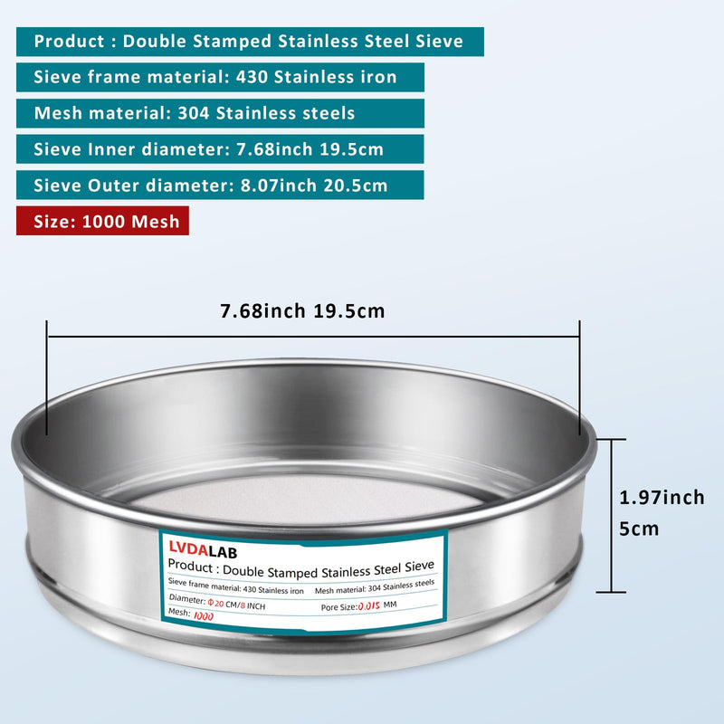 304 Stainless Steel Mesh Lab Sieve, 1000 Mesh(0.015mm) Aperture Test Sieve, 7.9Inch(20cm) Diameter Economy Standard Analysis Sample Test Sieves for Industrial Laboratory Homes 1000Mesh(0.015mm)/Ф7.9in - BeesActive Australia