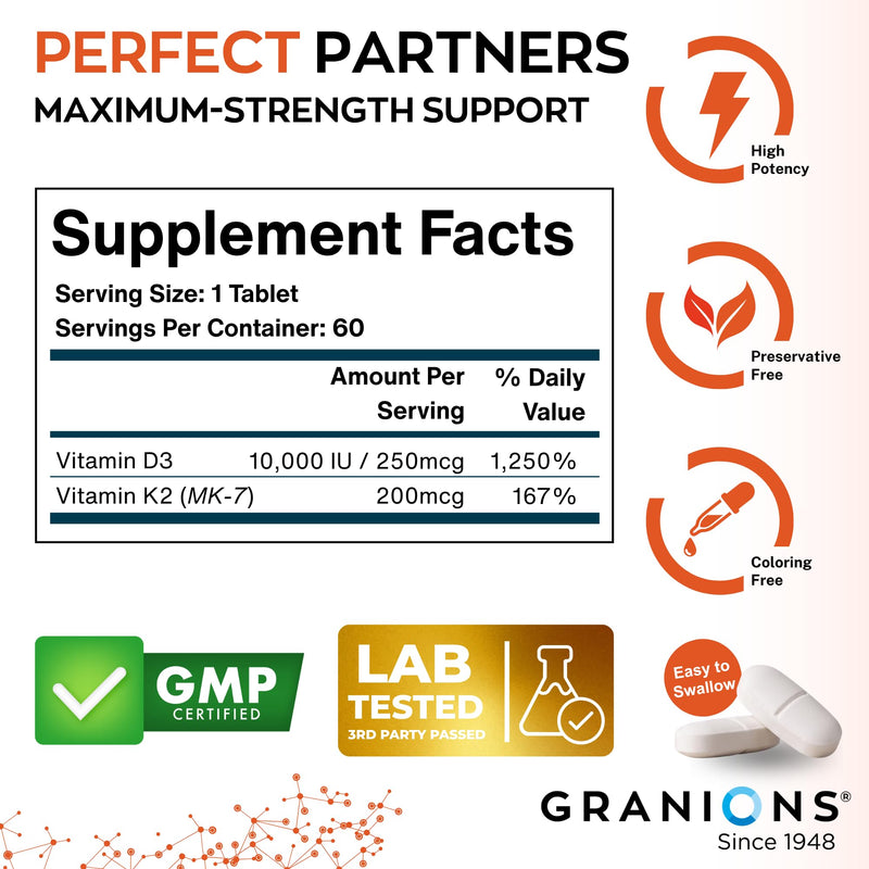 Granions Max Strength Vitamin D3 K2 Supplement - 250mcg (10,000 IU) D3 + 200mcg Vitamin K2 (MK-7) - Vitamins for Bone Health, Immune Support Supplements VIT K2D3-2 Month, 60 Tablets 60 Count (Pack of 1)