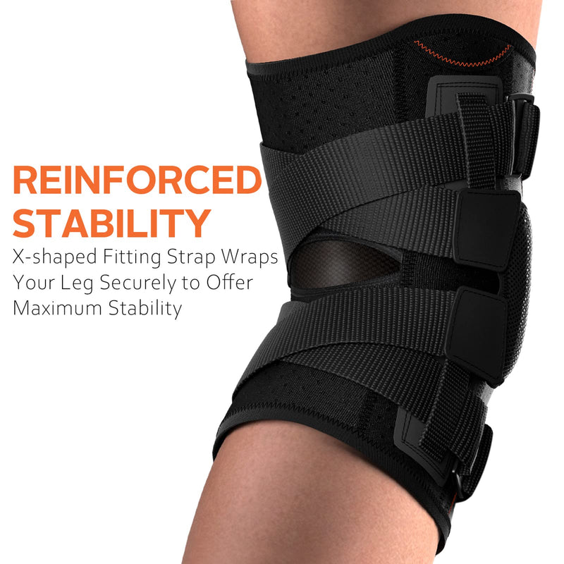 Omples Hinged Knee Brace for Knee Pain, Meniscus Tear Knee Support with Side Stabilizers for Men and Women Patella Knee Brace for Arthritis Pain Running Working Out Black (X-Large) X-Large