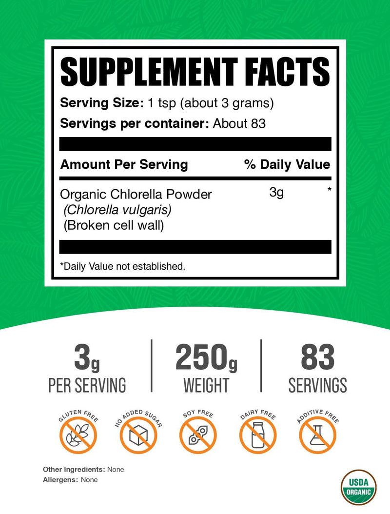 BulkSupplements.com Organic Chlorella Powder - Broken Cell Wall, Green Superfood Powder, Chlorella Supplement - Gluten Free, 3g per Serving, 250g (8.8 oz) (Pack of 1) 8.8 Ounce (Pack of 1)
