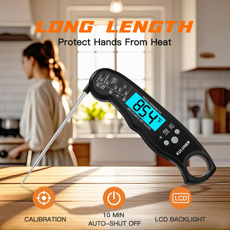 KULUNER TP-01 Waterproof Digital Instant Read Meat Thermometer with 4.6 Folding Probe Backlight Calibration Function for Cooking Food Candy, BBQ Grill, Liquids,Beef(Black) Black - BeesActive Australia