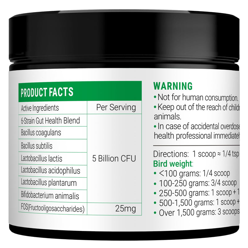 Avian Probiotics for Birds & Parrots – Digestive & Gut Health Support Powder with Prebiotics (FOS), 6-Strain Formula for Parrots & Pet Birds (120 Servings)