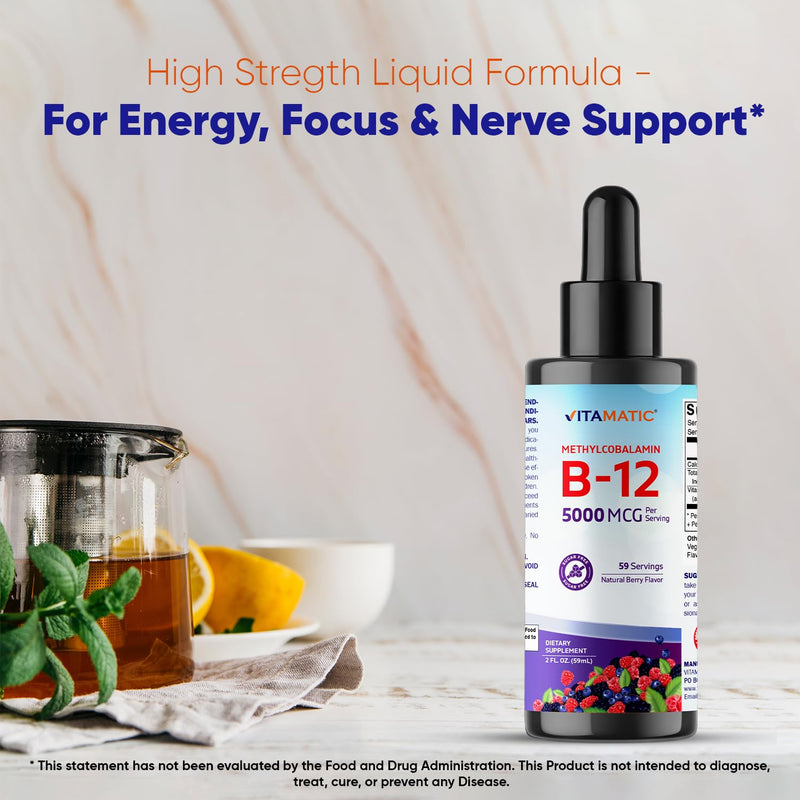 Vitamatic 2 Packs Fast Acting Liquid Vitamin B12 5000 mcg (Methylcobalamin) - Natural Berry Flavor - Sublingual Supplement - Faster Absorption - 2 OZ