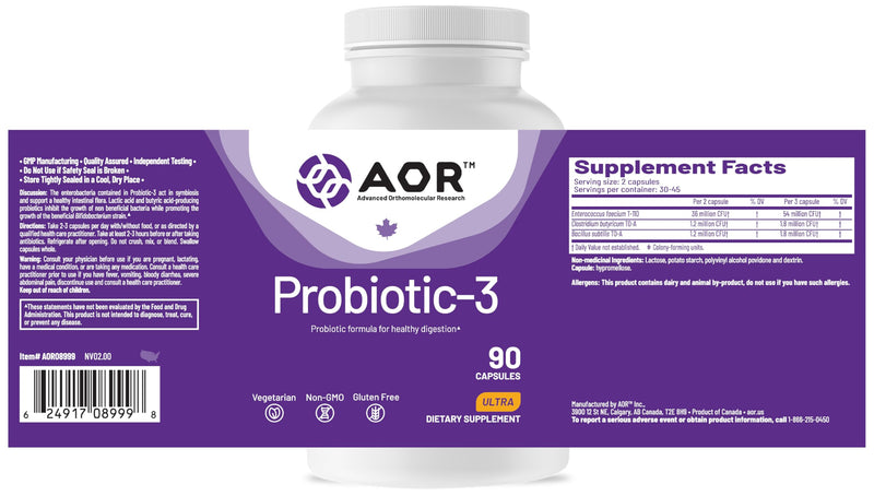 AOR Probiotic Capsules for Gut Health, Shelf Stable, 90 Capsules 30-45 Days | No Refrigeration for Travel, Three Strain Formula, Survives Digestion, Fewer Restocks