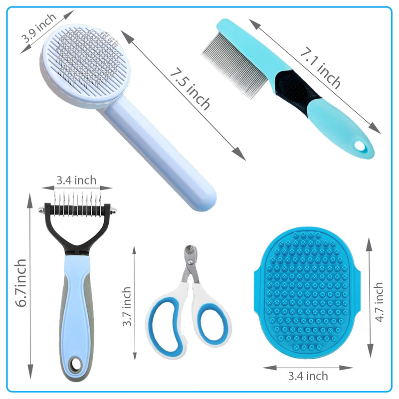 Cat Brush Grooming Kit 5pcs - Cat Brushes for indoor Cats, Cat Brush for Shedding for Long Haired Cats, Cat Brush for Matted Fur Hair, Pet Self Cleaning Kit with Flea Comb Set Blue - BeesActive Australia
