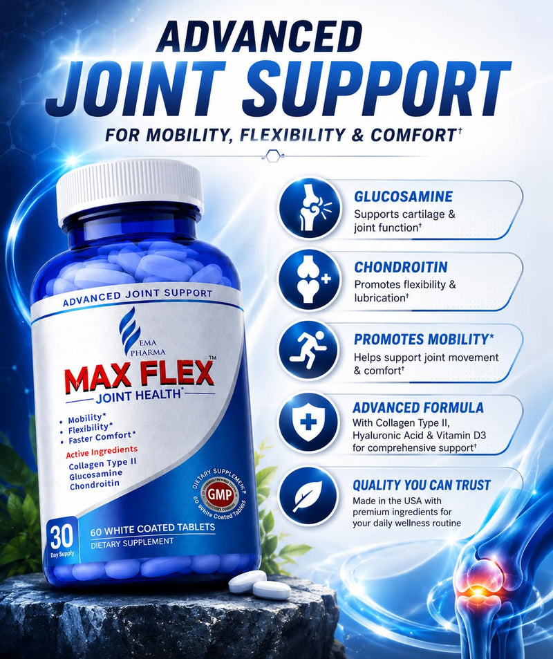 MAX FLEX UC II Collagen Joint Support Supplement | Glucosamine Chondroitin with Turmeric & Hyaluronic Acid | Joint Health & Mobility Support | Gluten Free Dietary Supplement | 60 Tablets (2 Per Day)
