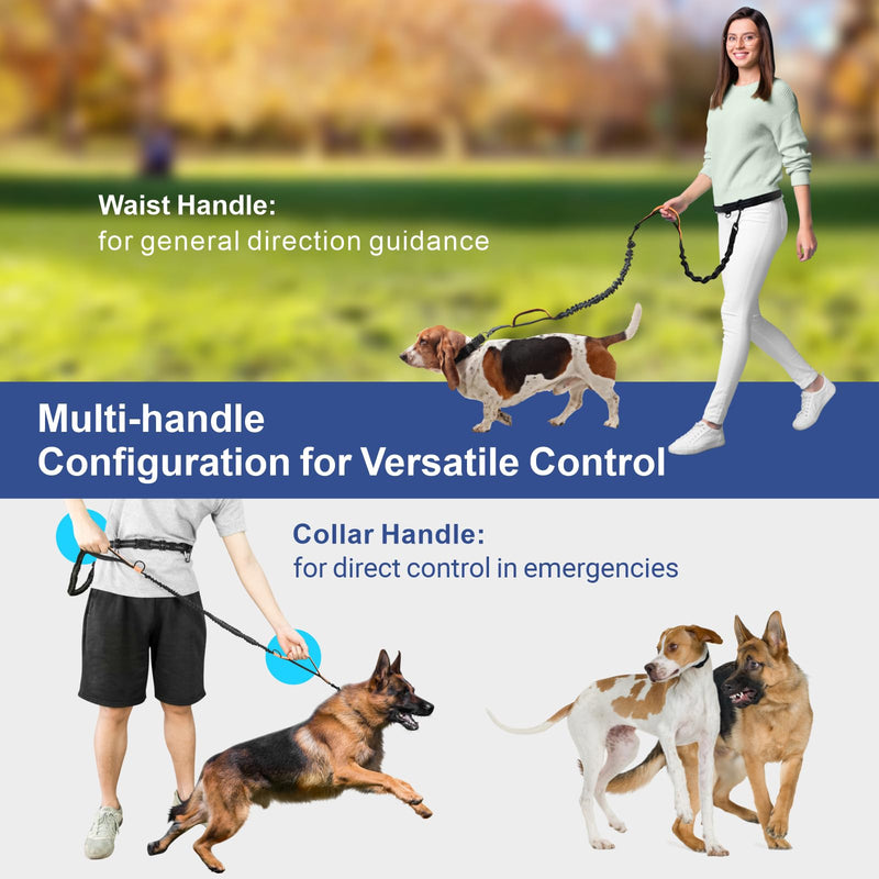 Hands Free Dog Leash - Dog Collar with Adjustable Waist Belt, 2 Bungees Shock Absorbing, Dual Handles for Walking Running Jogging, Reflective Knitted For 1 Dog, with Dog Collar,black