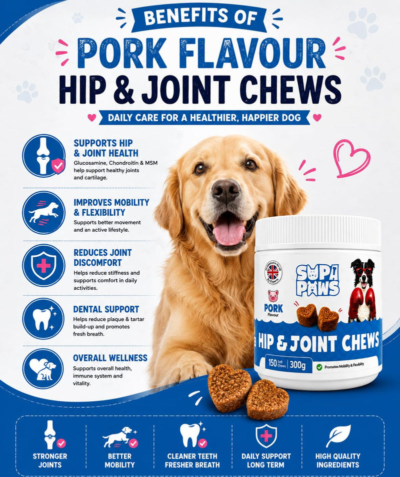150 Pcs Glucosamine Joint Chews for Dogs, Hip & Joint With, MSM, Chondroitin, Vitamins C & E, Dog Joint Supplements for Senior Dogs Puppies, Mussels Joints Care Dog Snacks, Pork Flavor Pork - 300g