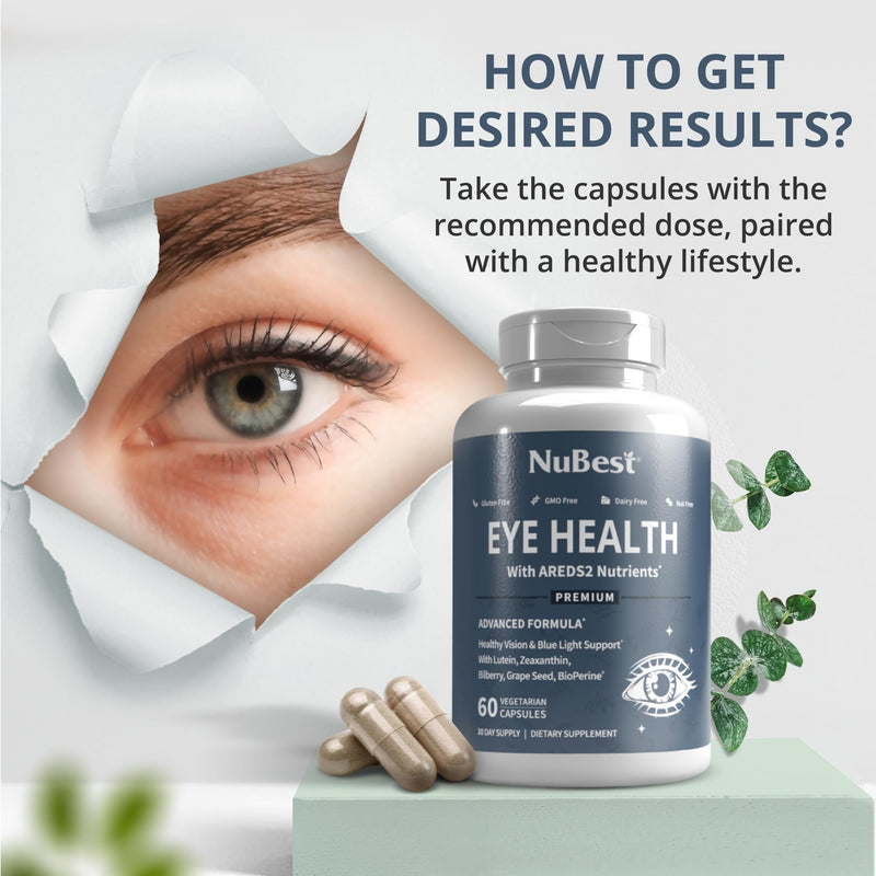 NuBest AREDS 2 Eye Vitamins with Beta Carotene Carrot Powder, 20mg Lutein, 4mg Zeaxanthin, Bilberry, Grape Seed, BioPerine, B-Complex, Multivitamin for Eye Health | 1 Month Supply 60 Count (Pack of 1)