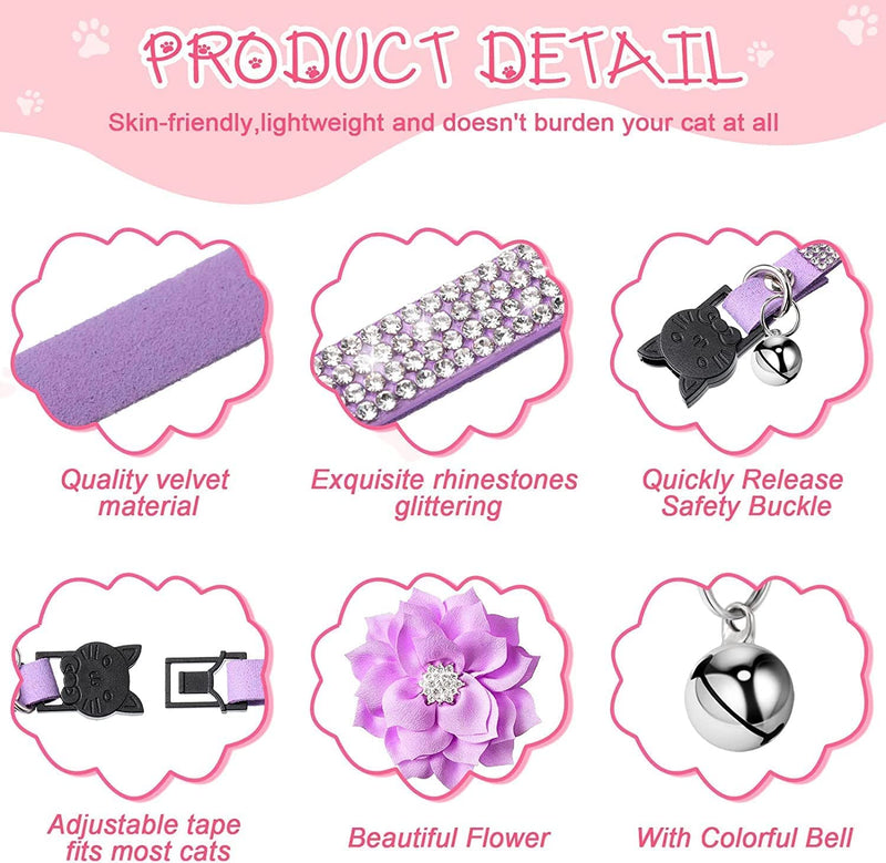 Cat Collars,Rhinestone for Girl Cats Bling Kitten Flower Adjustable Breakaway Collar with Bell Soft Velvet Leather Collar for Puppy Small Dogs (Black) Black - BeesActive Australia