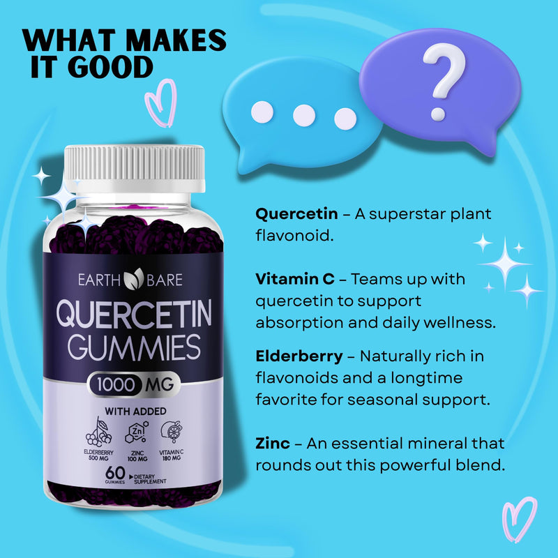 Quercetin Gummies with Elderberry, Zinc & Vitamin C – Immune Support Supplement – Antioxidant & Seasonal Wellness – Vegan, Non-GMO, Natural Berry Flavor – 60 Gummies