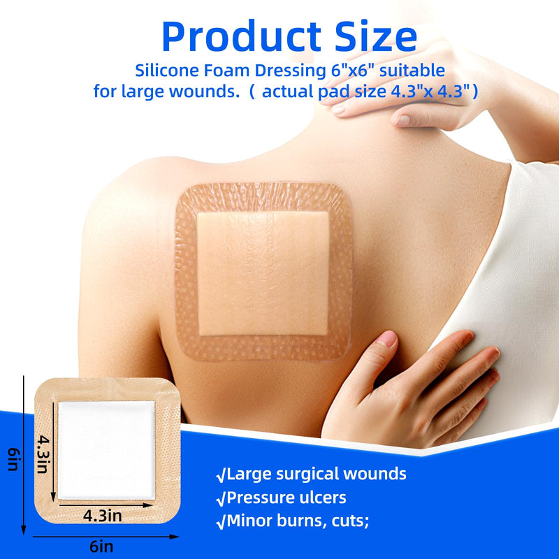 Niceful 10 Count Silicone Foam Dressing 6" x 6" - Large Bandages for Wounds, Wound Dressing Waterproof Silicone Bandages for Bedsores, Diabetic Foot Ulcers, I-II Degree Burns 6"x6" (10PCS)