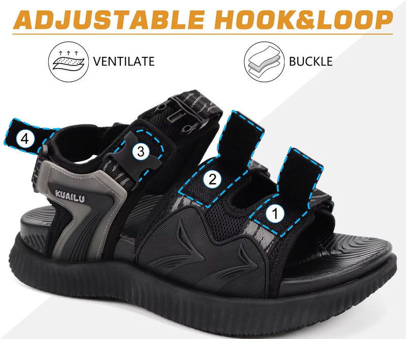 KuaiLu Mens Arch Support Hiking Sandals Orthopedic Athletic Walking Sandles 10.5 Black