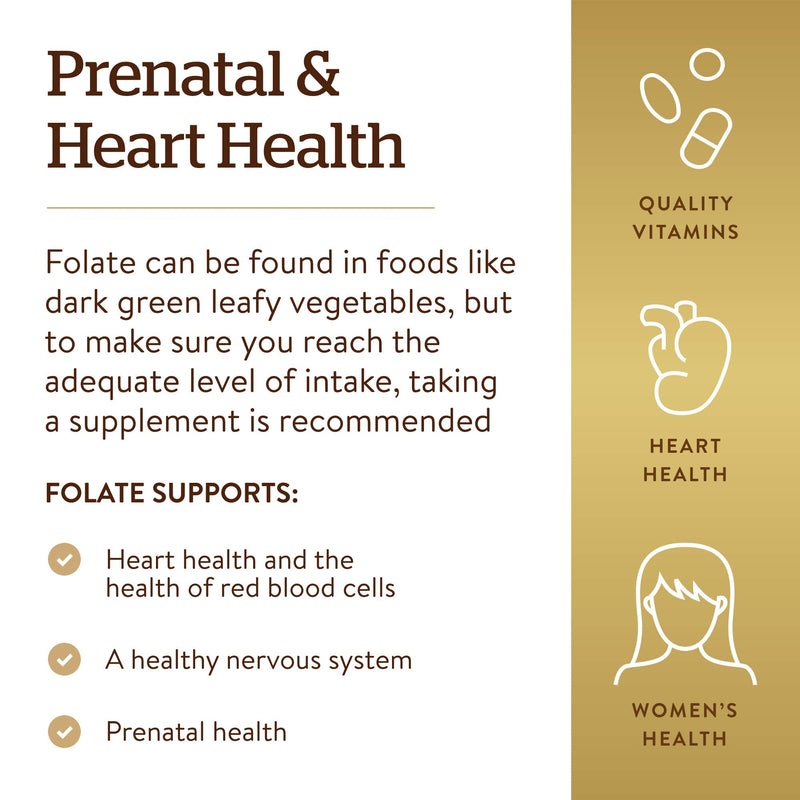 Solgar Folate 1,333 MCG Dietary Folate Equivalent, 250 Tablets | (800 MCG Folic Acid), Heart Health, Healthy Nervous System, Prenatal Support - Non-GMO, Vegan, Gluten Free, Dairy Free 250 Count (Pack of 1)