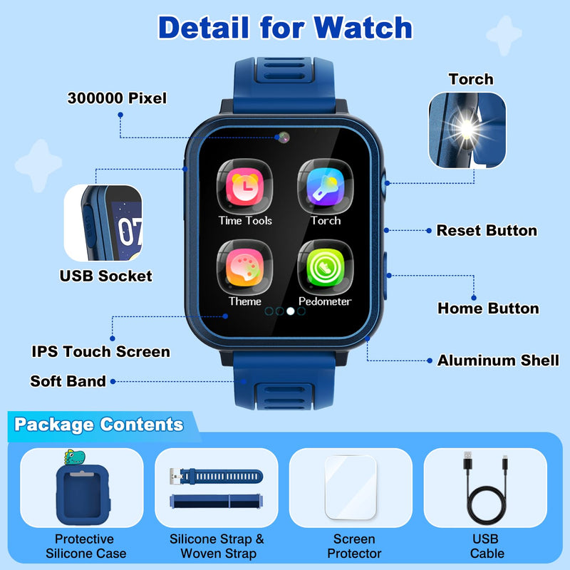 Smart Watch for Kids Boys Gift Age 3-12 with 39 Games Camera Video Alarm Clock Music Pedometer Flashlight 12/24 hr HD Touch Screen Kids Watch Birthday Toys for Boys Ages 4 5 6 7 8 9 10(Blue) Blue