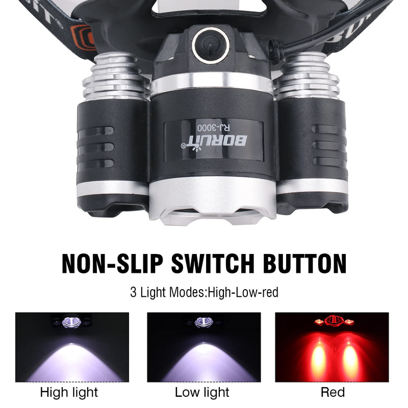 BORUIT RJ-3000 Rechargeabe LED Headlamp Super Bright with Red Light, 3 Modes Super Bright USB Head Lamp IPX4 Waterproof Headlight for Adults USB Outdoor Fishing Camping