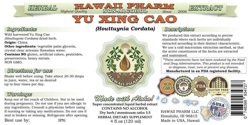 Hawaii Pharm Yu Xing Cao Alcohol-Free Liquid Extract, Yu Xing Cao (Houttuynia Cordata) Dried Herb Glycerite Natural Herbal Supplement, USA 2 fl.oz 2 Fl Oz (Pack of 1)