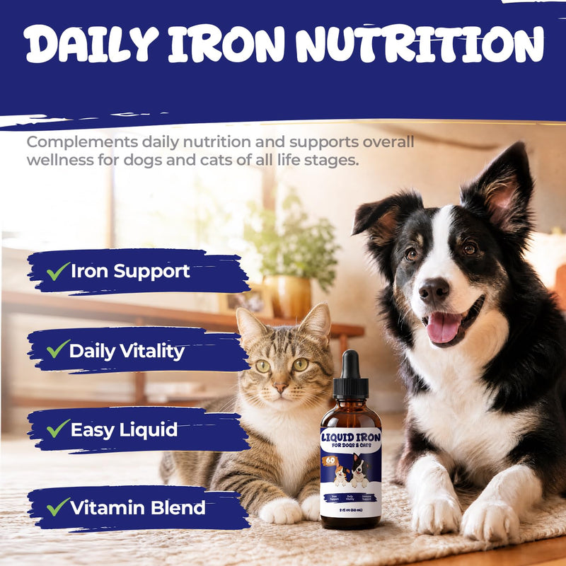 Liquid Iron Supplement for Dogs & Cats, Blood Health & Vitamin B12 Drops | With Vitamin C, Folate, Zinc & Copper to Support Red Blood Cell Formation, Daily Energy & Vitality, 2 fl oz (60 mL)