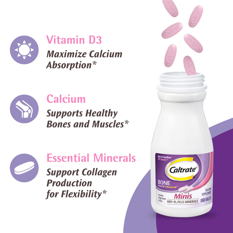 Caltrate Minis 600 Plus D3 Vitamin D and Calcium Supplement Tablets, 150 Ct | Highest Level of Vitamin D3, Maximizes Calcium Absorption to Support Strong Bones and Daily Function 150 Count (Pack of 1)