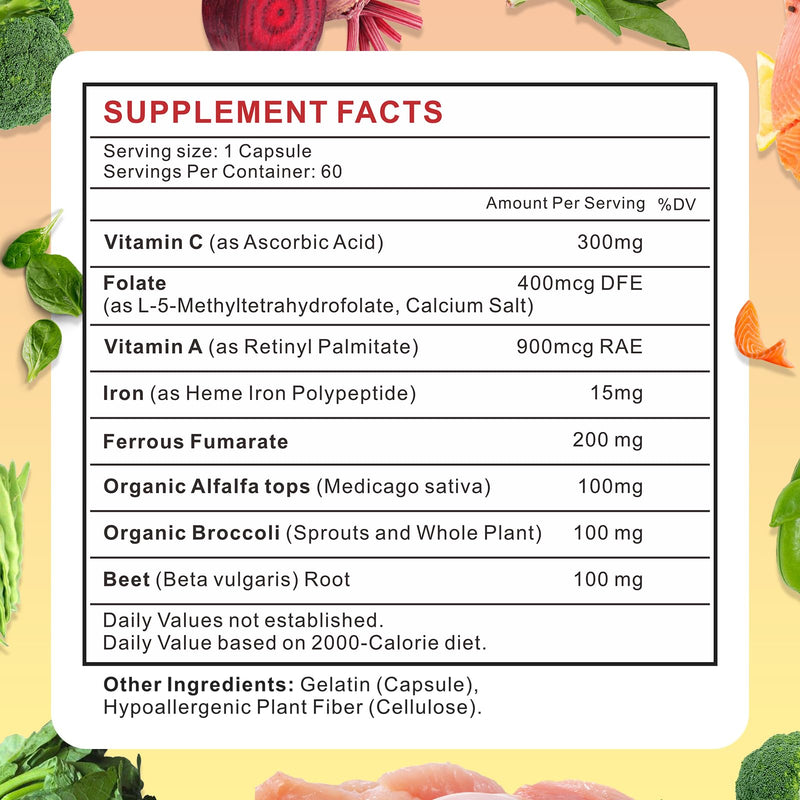 Heme Iron Supplement Vegan Easy to Absorb Vegan 180 Caps | Complete Iron Supplement for Women and Men, Iron Supplement with Folate, Vitamin C and Vitamin A Gut Friendly