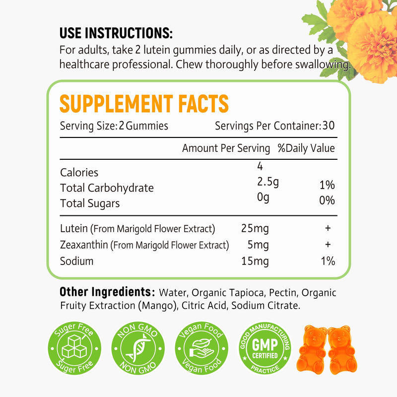 Lutein Gummies 25mg - Eye Vitamins Lutein & Zeaxanthin Eye Health Supplements for Adults,Sugar Free Eye Health Gummies Supplement - Support Vision,Macular,Blue Light Filtering (60 Count) 60 Count (Pack of 1)
