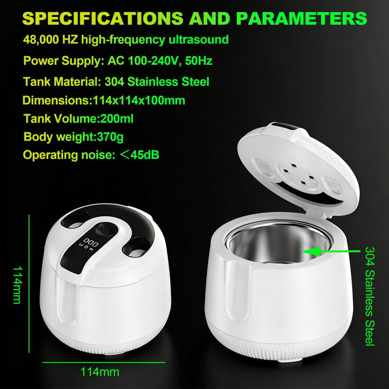 Ultrasonic Retainer Cleaner Machine 48kHz, 200ml Dental Cleaning Pod for Retainers,Aligners,Mouthguards,Toothbrush Heads,Jewelry,Portable Denture Cleaner