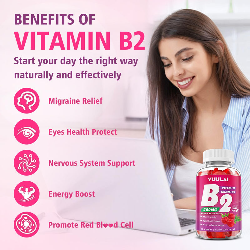 Vitamin B2 Gummies 400mg | Riboflavin Supplement with Magnesium for Kids & Adults, B2 Gummies for Migraine Relief, Nervous System & Skin Health, Vegan, Sugar-Free, Raspberry Flavor, 60 Count 60 Count (Pack of 1)