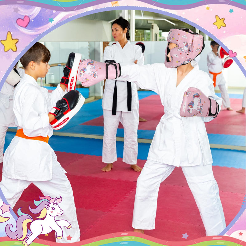 Boxing Headgear and Gloves Set for Kids 6oz Boxing Gloves and Wrestling Headgear Sparring Equipment for Boxing Kickboxing Muay Thai BJJ Karate Training Pink Unicorn