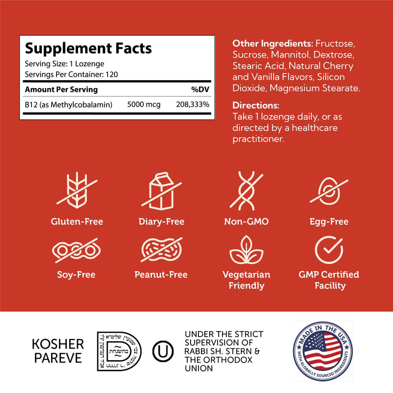 Zahler Energizer+ Vitamin B12-5000 mcg - Natural Cherry Flavor Dissolvable Lozenges - Kosher Gluten Free Non-GMO Vitamins, Energy Boost, Made in USA (120 Count) 120 Count (Pack of 1)