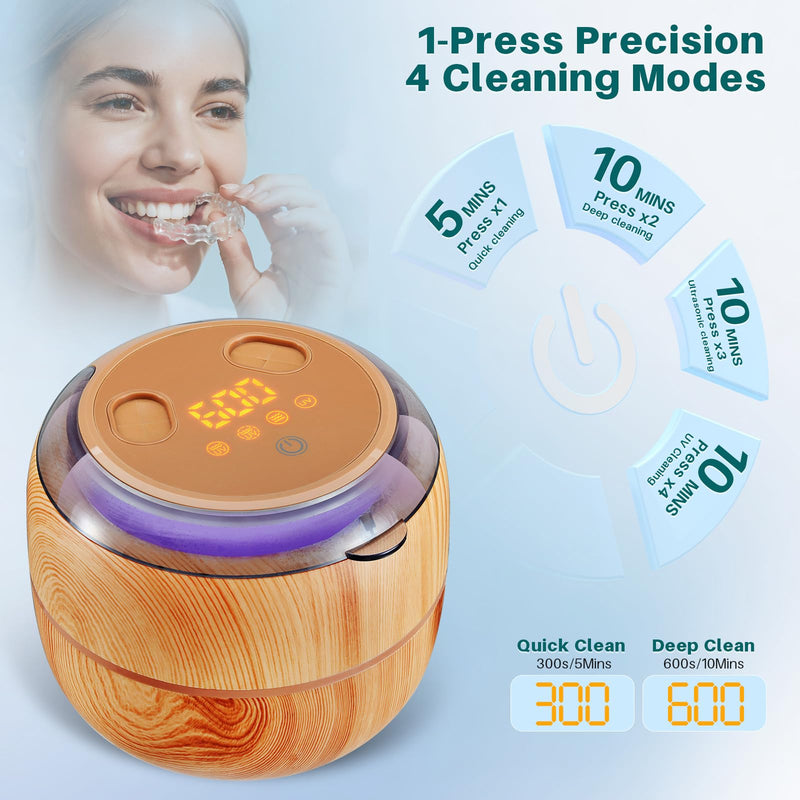 Voraiya Ultrasonic Retainer Cleaner Machine, 360° UV Cleaning Denture Pod, 45kHz Ultrasonic Dental Cleaner Mouth Guard Cleaner for Aligner, Night Guard, Braces, Toothbrush, Jewelry, Ring Wood Color - BeesActive Australia