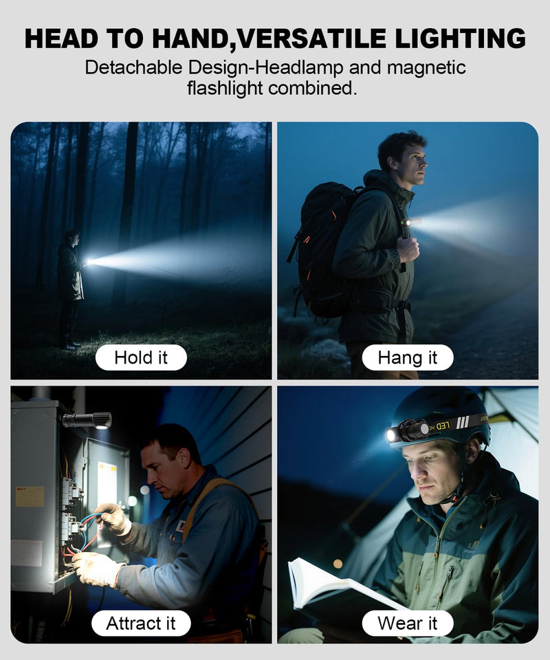 LED Rechargeable Headlamp for Adults - Hard Hat Light Running Head Lamp with Red Light, Magnet, 180° Tilt, 7 Modes, Detachable Flashlight & Headband, Outdoor, Emergency Use 2PC Black 2 Pack