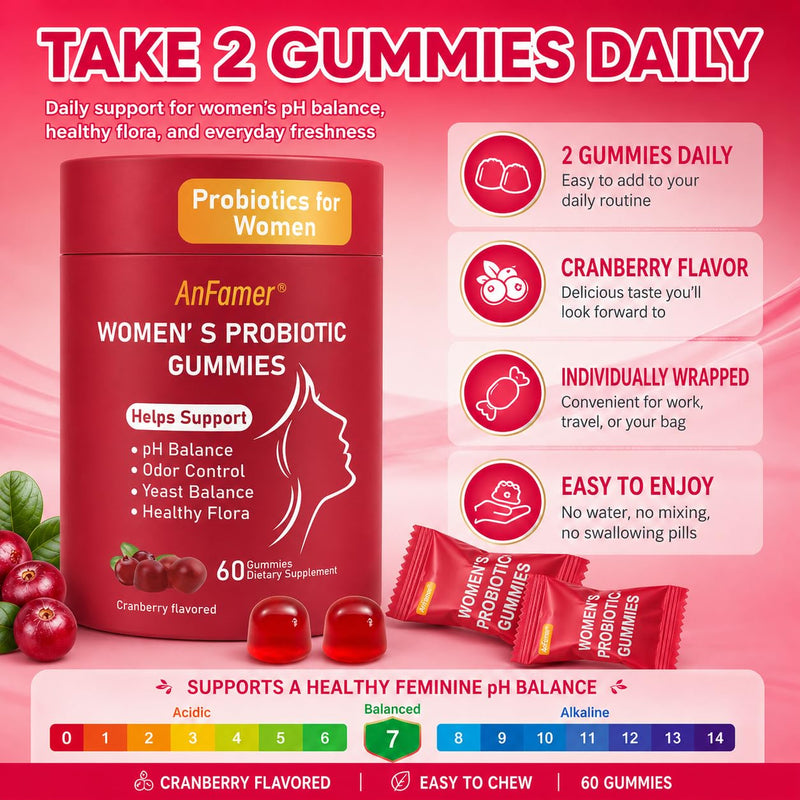 Vaginal Probiotic Gummies for Women, Women's Probiotic with Cranberry and Vitamin C, Supports Feminine pH Balance, Healthy Flora, Digestive & Vaginal Health, 60 Gummies
