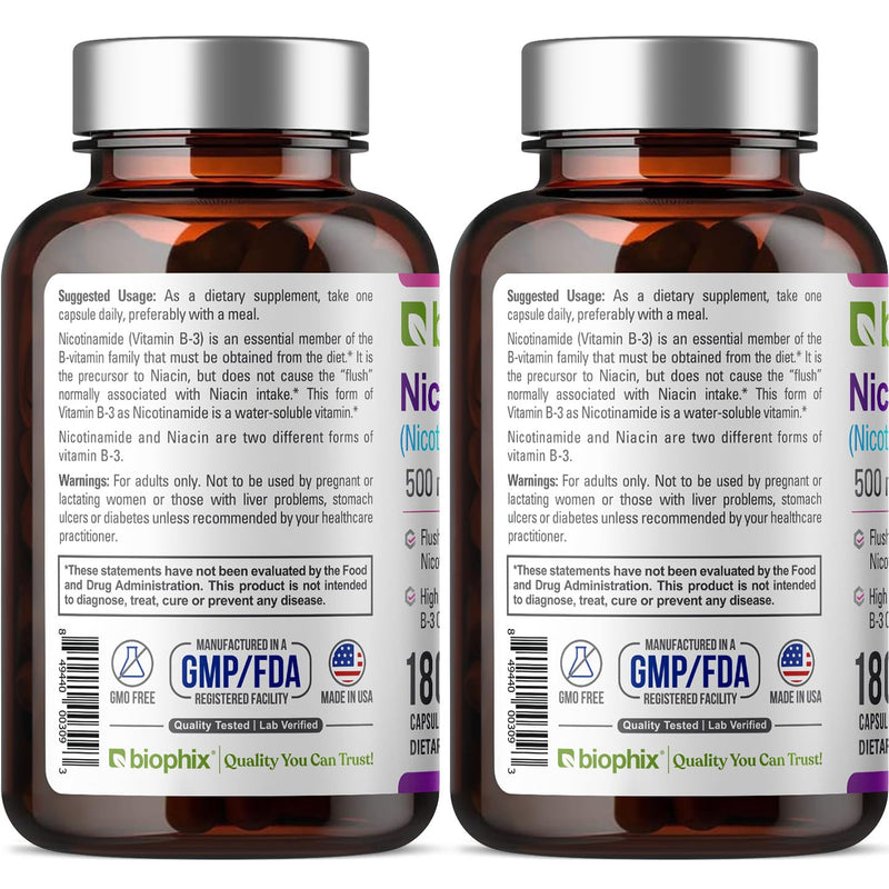 biophix B-3 Nicotinamide 500 mg 180 Caps 2 Pack - Nicotinic Amide Niacin Natural Flush-Free Vitamin Formula - Supports Skin Cell Health 360 Count (Pack of 1)