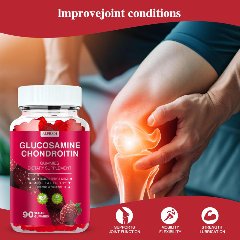 Glucosamine Chondroitin Gummies - 3000MG Extra Strength Joint Support Supplement with MSM & Elderberry, Flexibility, Antioxidant Immune Support Gummy for Adults, Men & Women - 90 Raspberry Gummies - BeesActive Australia