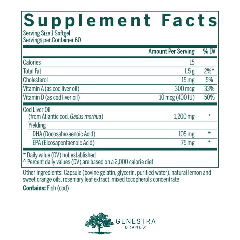 Genestra Brands Cod Liver Oil DHA-EPA Forte Capsules, 60 Softgels | Blend of DHA, EPA, and Vitamins A and D from Cod Liver Oil, Supports Brain and Cardiovascular Health*