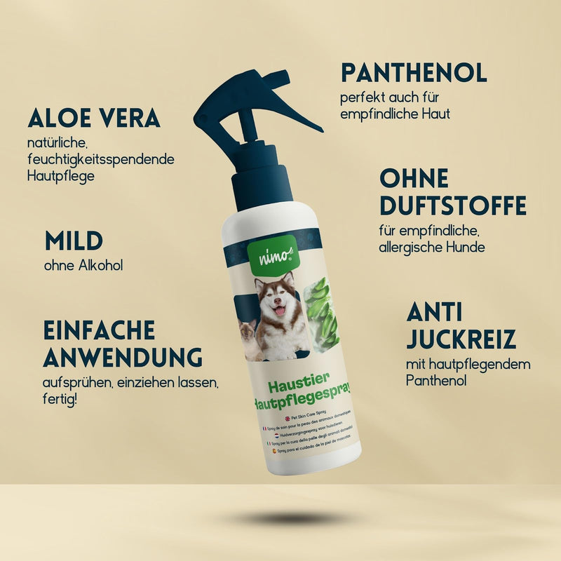nimo® pet skin care spray | Skin care for dogs, cats with aloe vera & panthenol | Regeneration of the skin in case of dryness & inflammation | against itching & irritation | for vermin infestation, mites 250ml bottle - BeesActive Australia