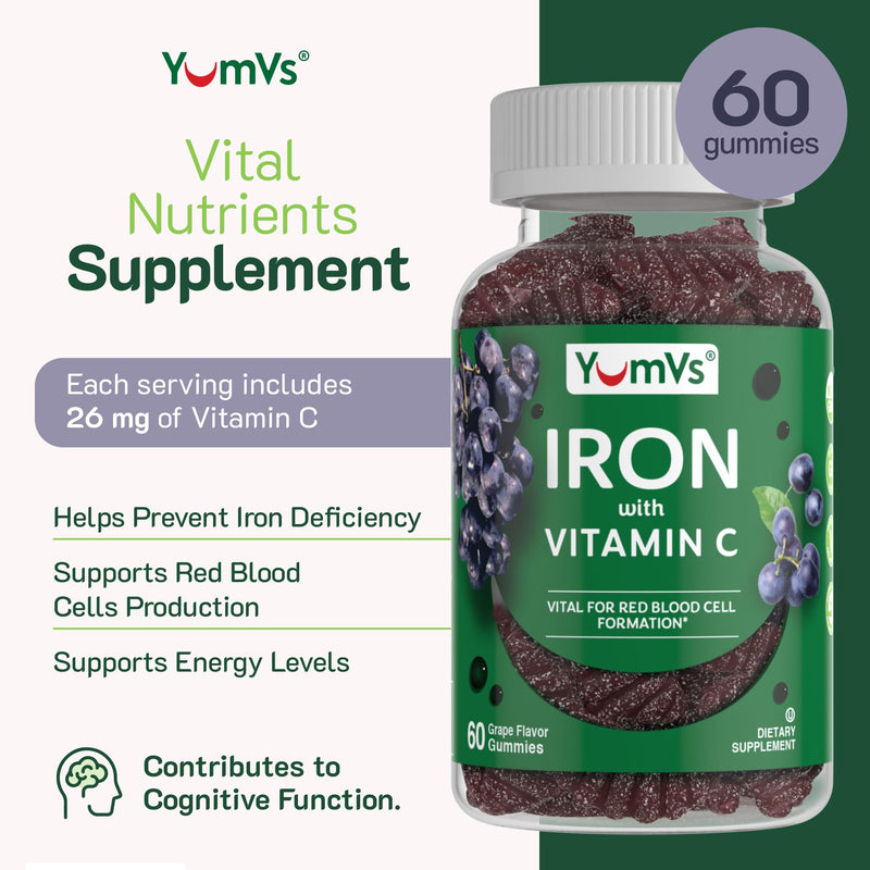 Iron Gummies Supplement with Vitamin C – 10 mg Iron Supplement – Great-Tasting Gummies Grape Flavor – Supports Immune Health & Helps with Iron Deficiency – Vegan, Kosher, Non-GMO – 60 Count 60 Count (Pack of 1)