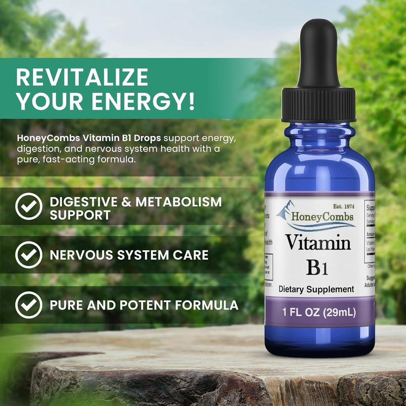 HoneyCombs Vitamin B1 Thiamine Mononitrate Supplement Drops, 1 Fl Oz | liquid Vitamin B1 drops for natural energy support. 500%DV Vegan, alcohol-free, non-GMO Thiamine made in the USA. 1 Ounce (Pack of 1)